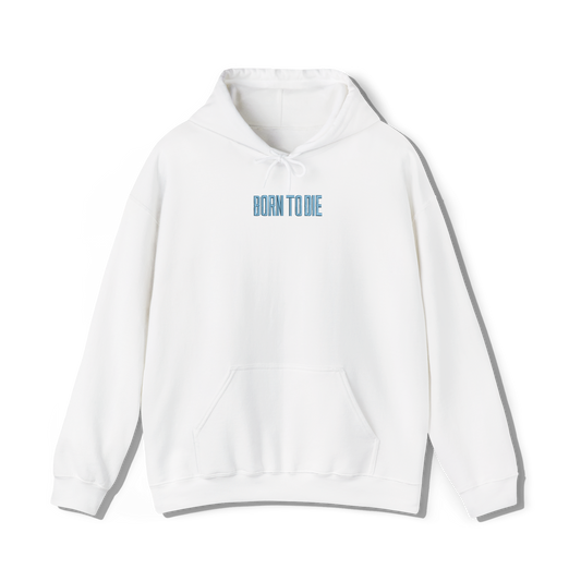 white coloured hooded sweatshirt that has lana del reys album, born to die embroidered on the centre chest
