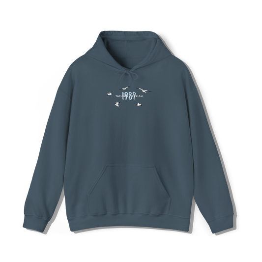 Taylor swifts 1989 Album title embroidered onto a indigo blue coloured hoodie