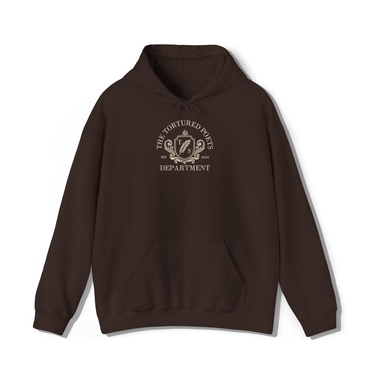 taylor swifts the tortured poets department album embroidered in a collegiate style on a dark brown coloured hoodie