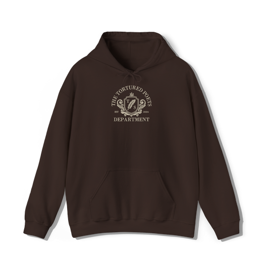 taylor swifts the tortured poets department album embroidered in a collegiate style on a dark brown coloured hoodie