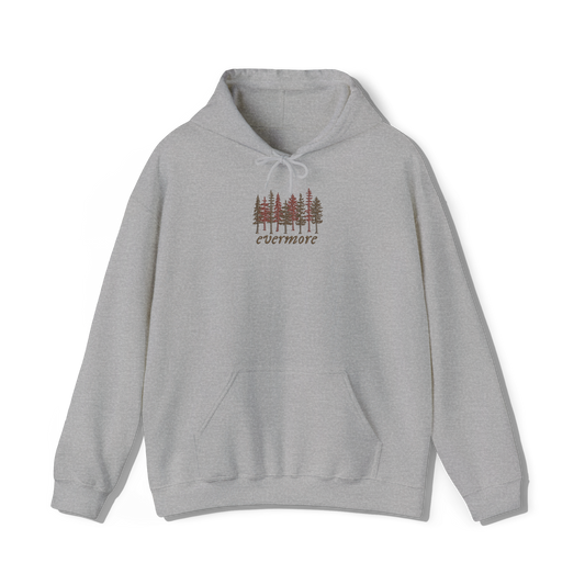 taylors swifts evermore album title embroidered onto a light grey coloured hoodie