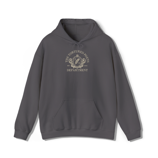 taylor swifts the tortured poets department album embroidered in a collegiate style on a dark dark grey coloured hoodie