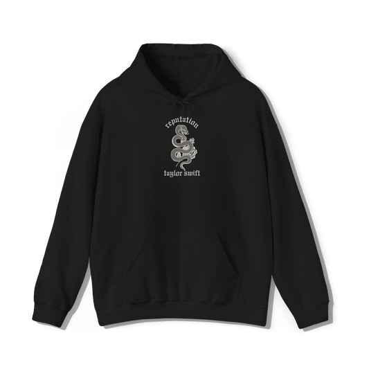 taylor swift reputation album embroidered in a collegiate style on a black coloured hoodie