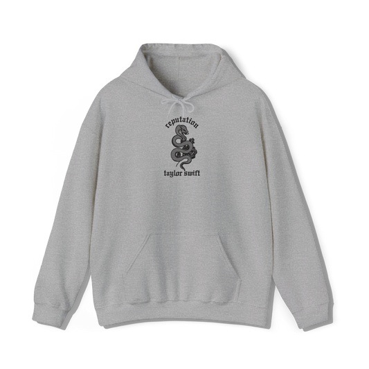 taylor swift reputation album embroidered in a collegiate style on a light grey coloured hoodie