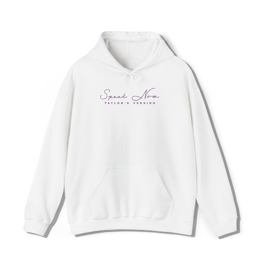 taylor swifts speak now album title embroidered in the same font and colour as appears on album cover on a white coloured hoodie