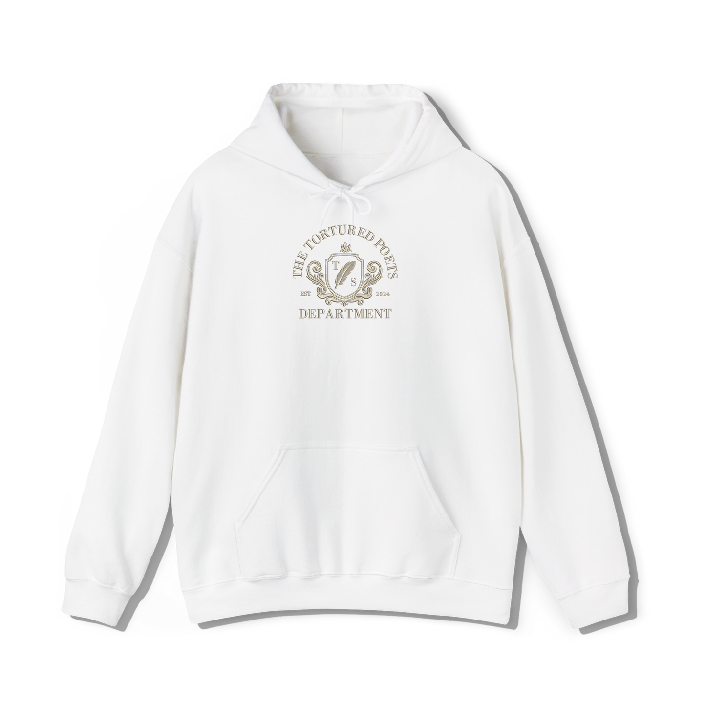 taylor swifts the tortured poets department album embroidered in a collegiate style on a white coloured hoodie