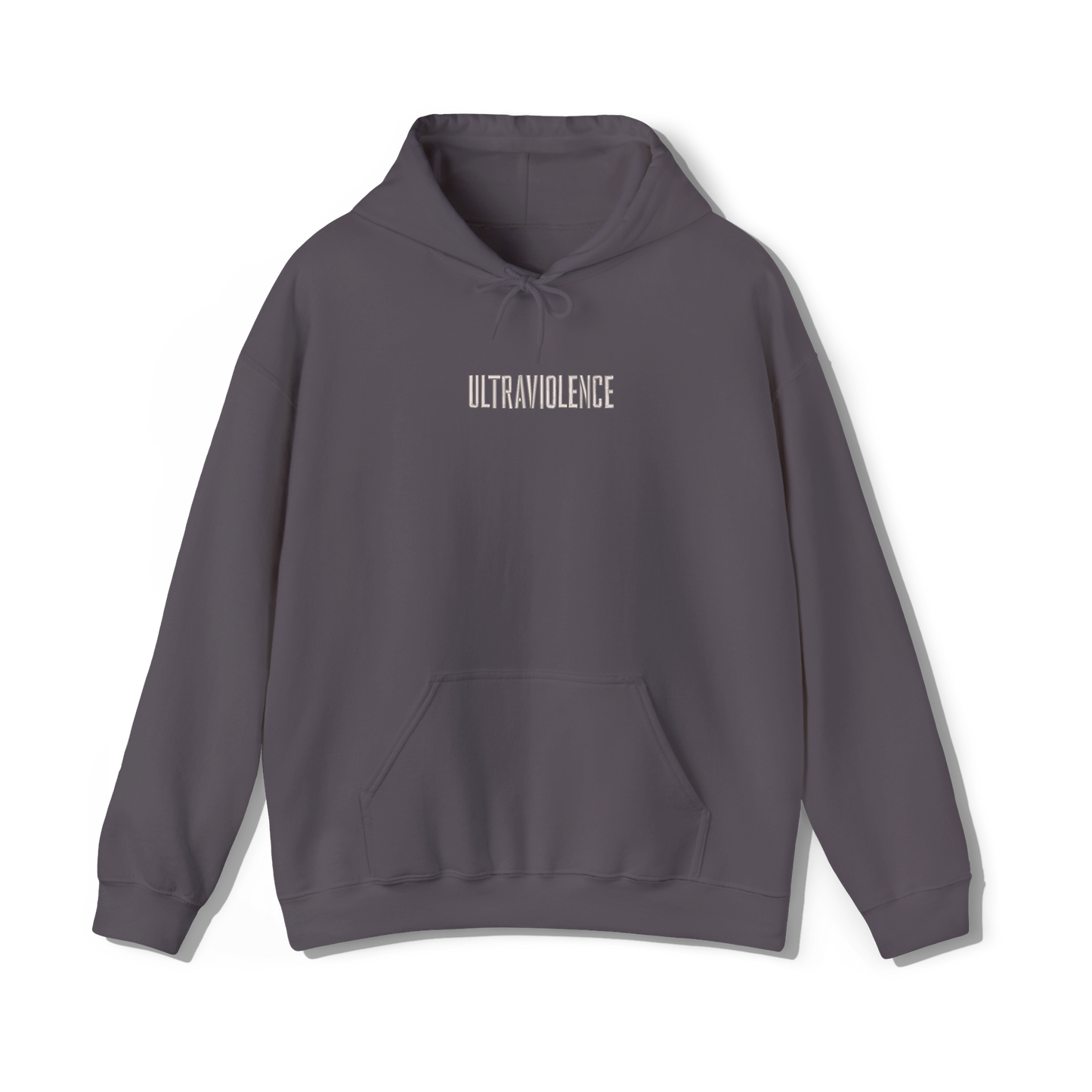 dark grey coloured hooded sweatshirt that has lana del reys album, cultraviolence embroidered on the centre chest in the same font and colour as it appears on the album cover