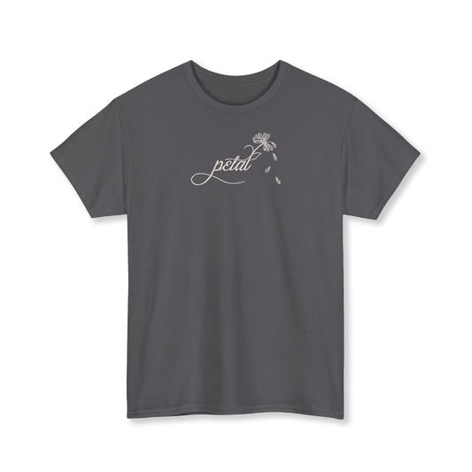 Dark grey t-shirt with white embroidered “petal” script and daisy stem with falling petals on chest