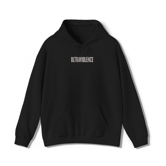 black coloured hooded sweatshirt that has lana del reys album,  cultraviolence embroidered on the centre chest in the same font and colour as it appears on the album  cover