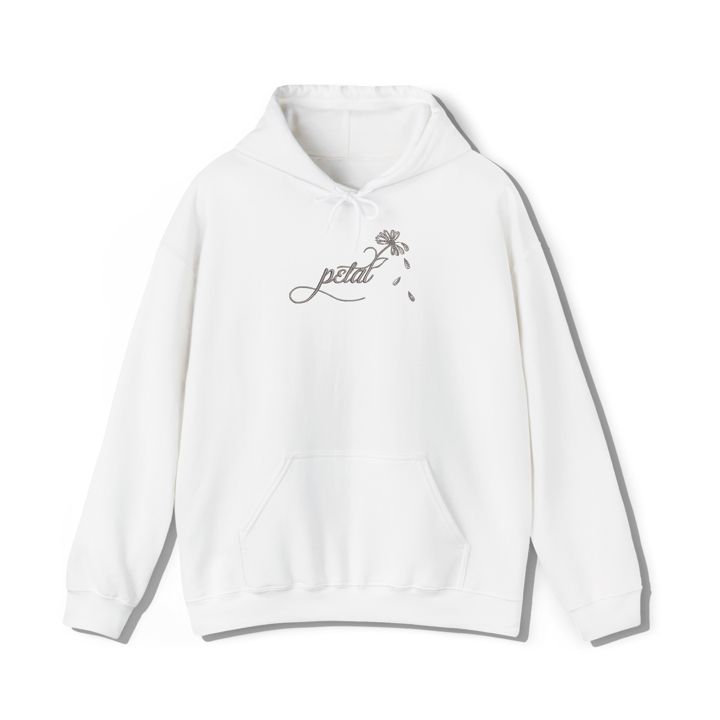 White hoodie with dark grey embroidered “petal” calligraphy design extending into a daisy stem with falling petals