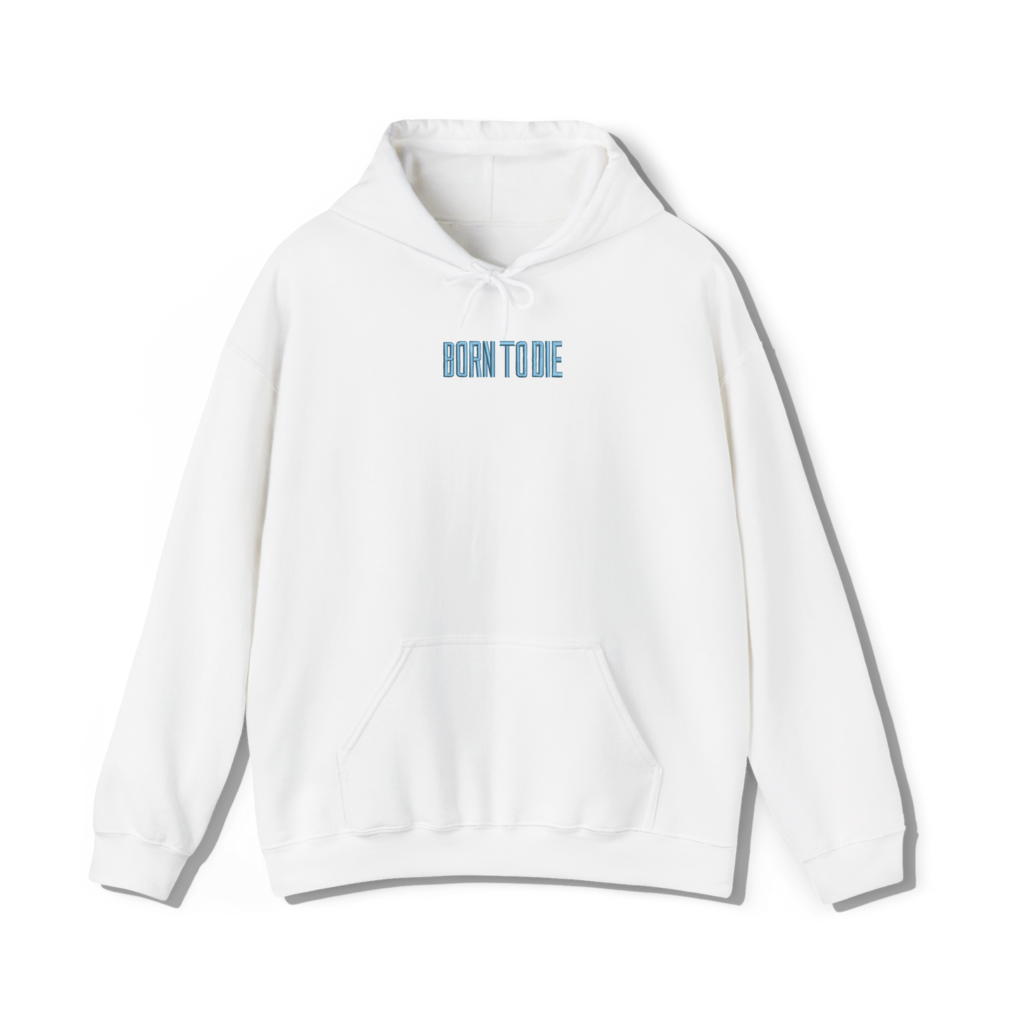 white coloured hooded sweatshirt that has lana del reys album, born to die embroidered on the centre chest 