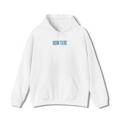 white coloured hooded sweatshirt that has lana del reys album, born to die embroidered on the centre chest 