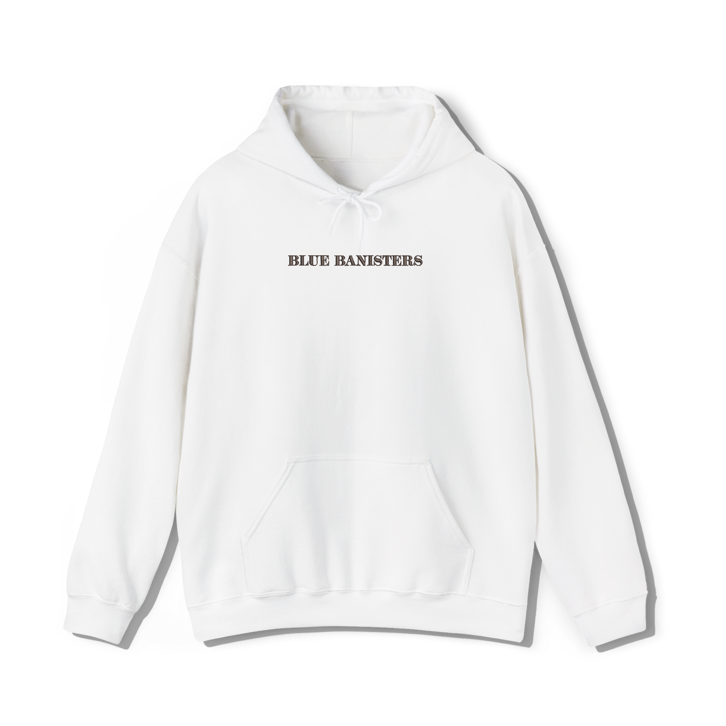 white coloured hooded sweatshirt that has lana del reys album, blue banisters embroidered on the centre chest 