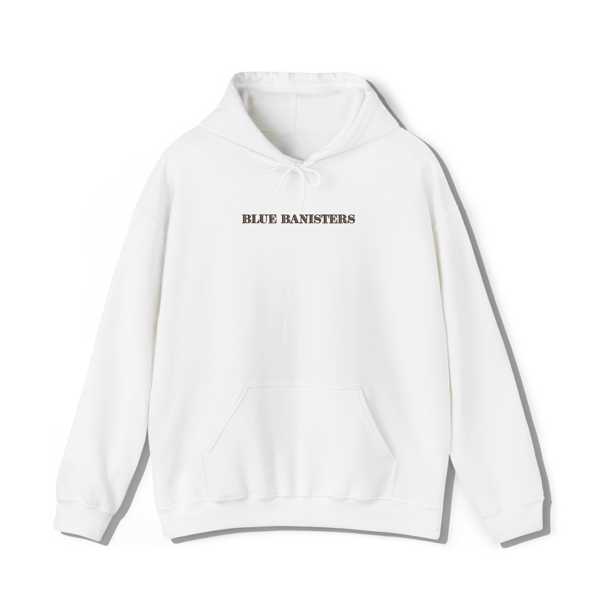 white coloured hooded sweatshirt that has lana del reys album, blue banisters embroidered on the centre chest 