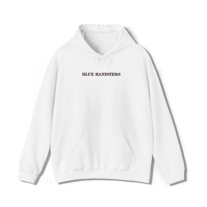 white coloured hooded sweatshirt that has lana del reys album, blue banisters embroidered on the centre chest 