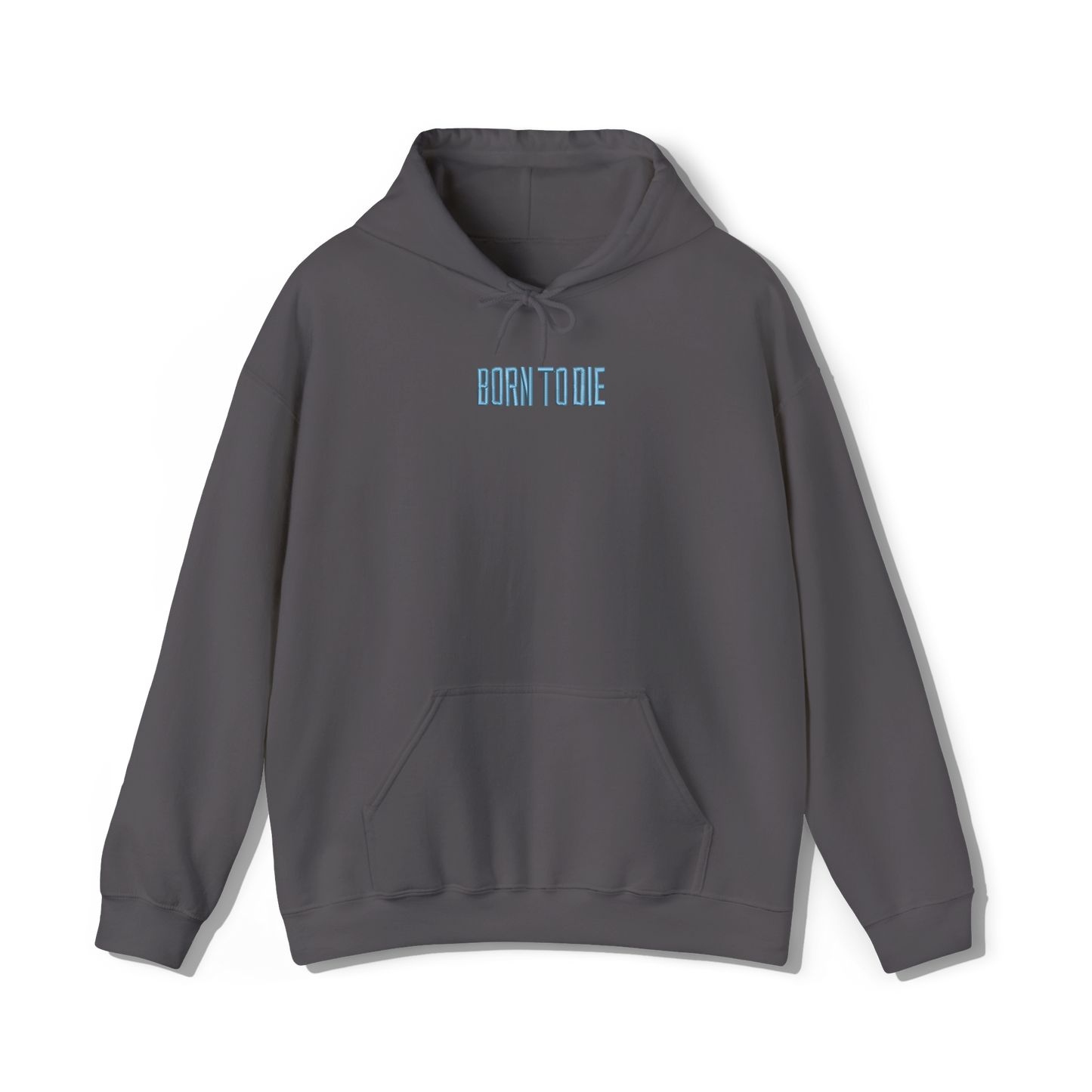 dark grey coloured hooded sweatshirt that has lana del reys album, born to die embroidered on the centre chest 