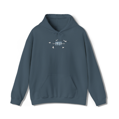 Taylor swifts 1989 Album title embroidered onto a indigo blue coloured hoodie