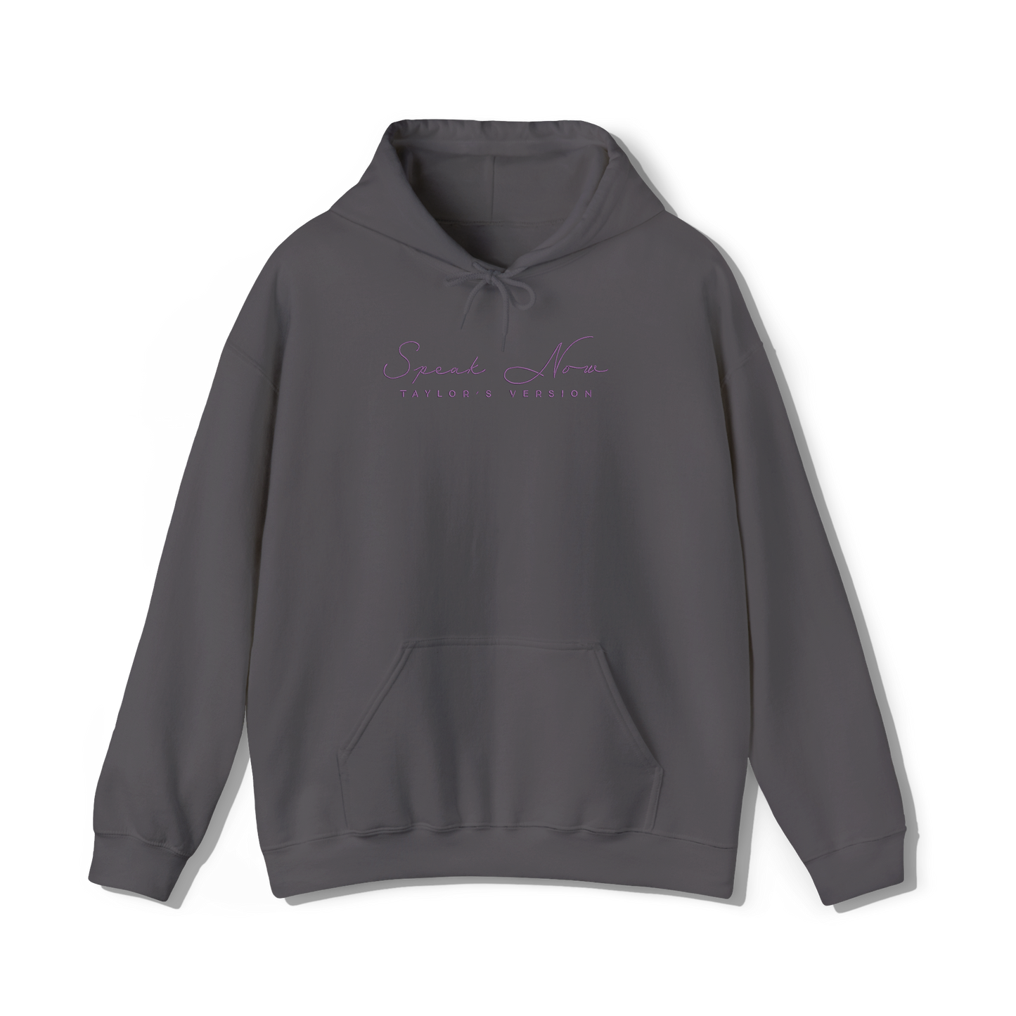 taylor swifts speak now album title embroidered in the same font and colour as appears on album cover on a dark grey coloured hoodie