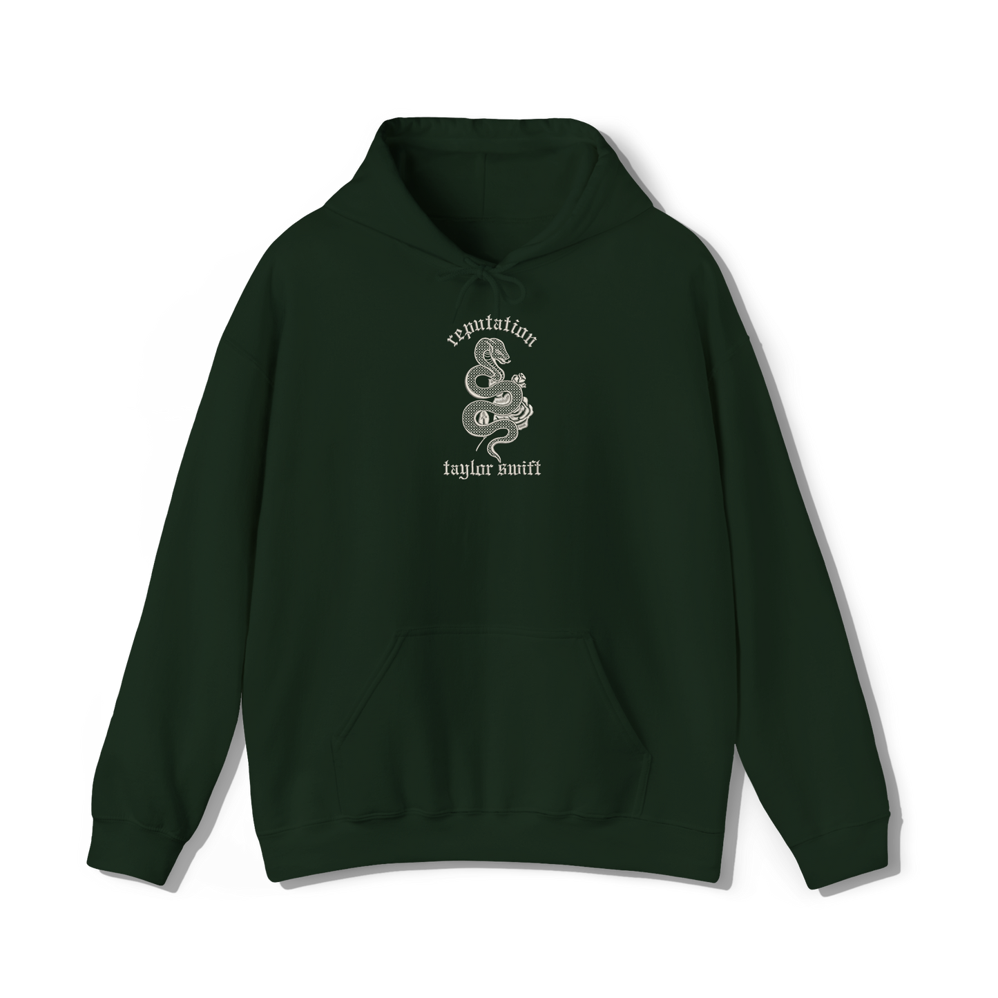 taylor swift reputation album embroidered in a collegiate style on a forest green coloured hoodie