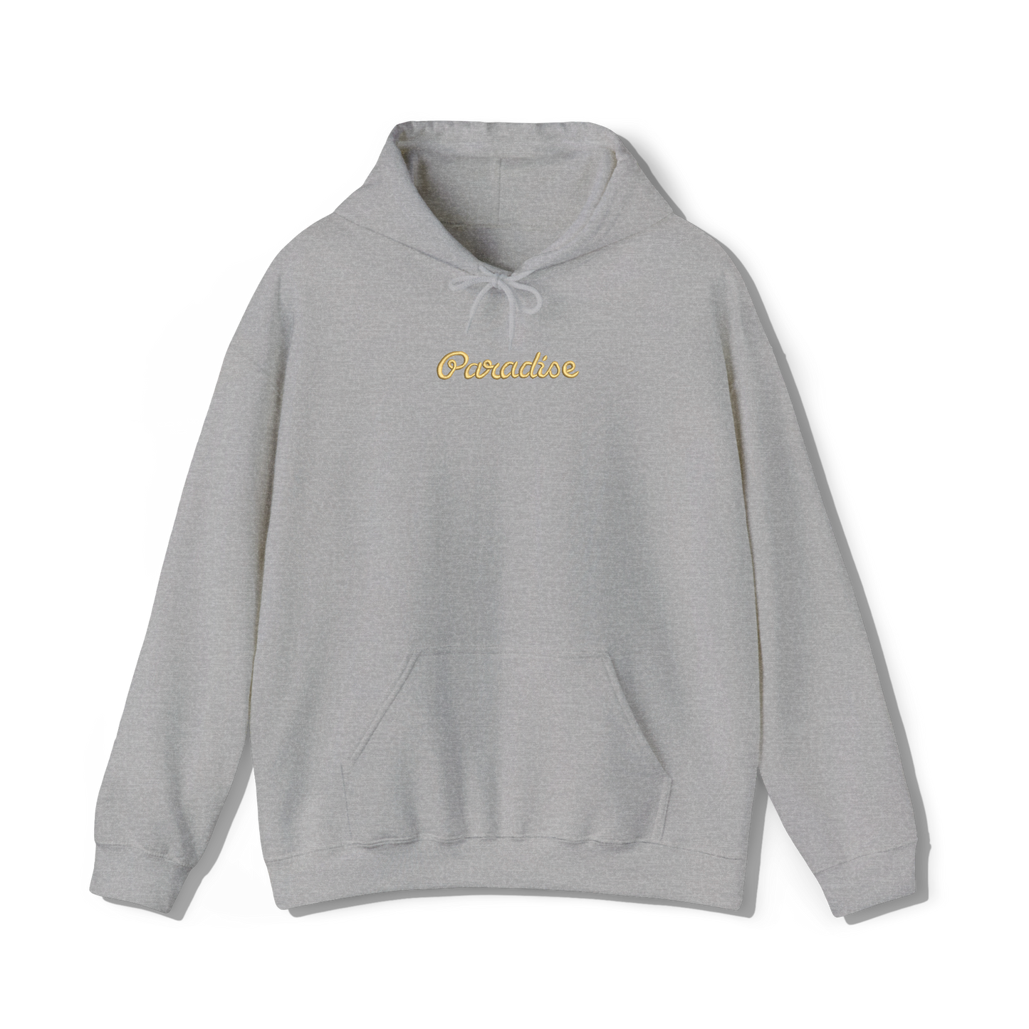 light grey coloured hooded sweatshirt that has lana del reys album,  paradise embroidered on the centre chest in the same font and colour as it appears on the album  cover