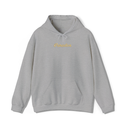 light grey coloured hooded sweatshirt that has lana del reys album,  paradise embroidered on the centre chest in the same font and colour as it appears on the album  cover