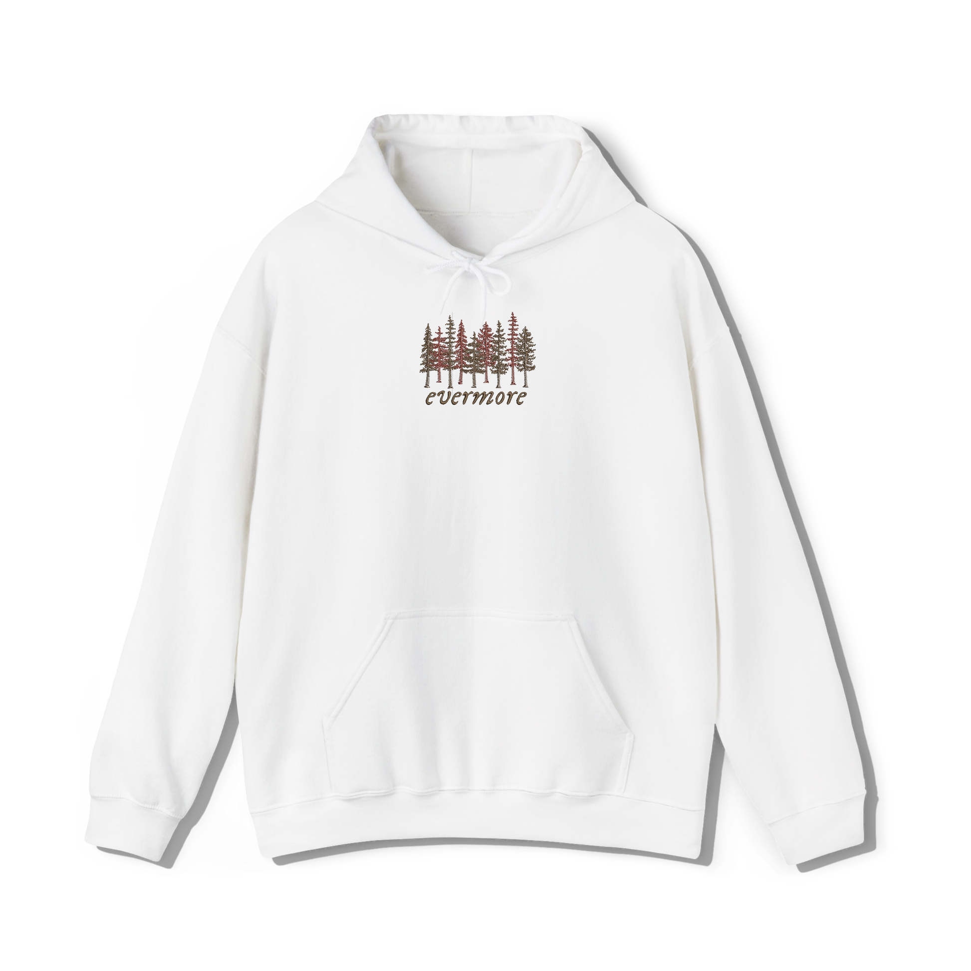 taylors swifts evermore album title embroidered onto a white coloured hoodie