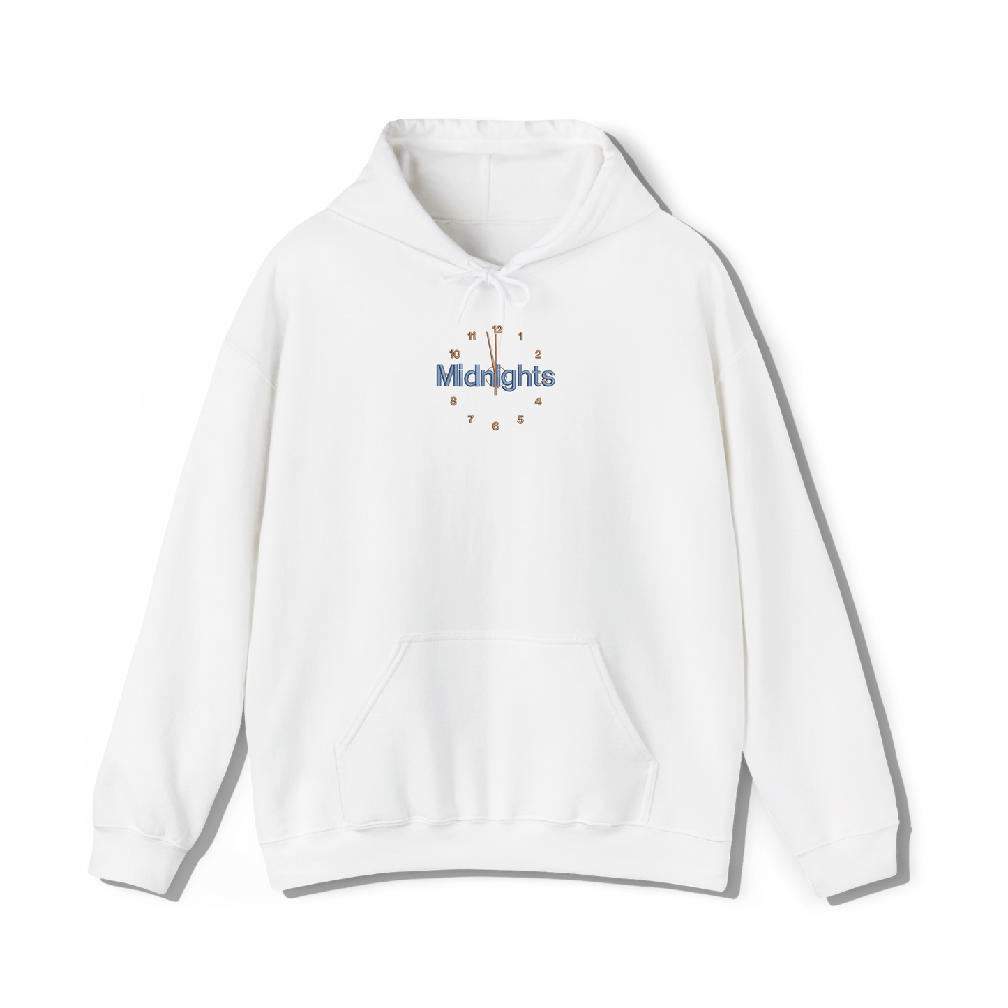 taylor swifts minights album title embroidered in the font and colour present on the album cover on a white coloured hoodie