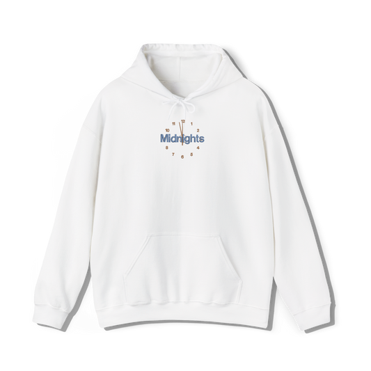 taylor swifts minights album title embroidered in the font and colour present on the album cover on a white coloured hoodie