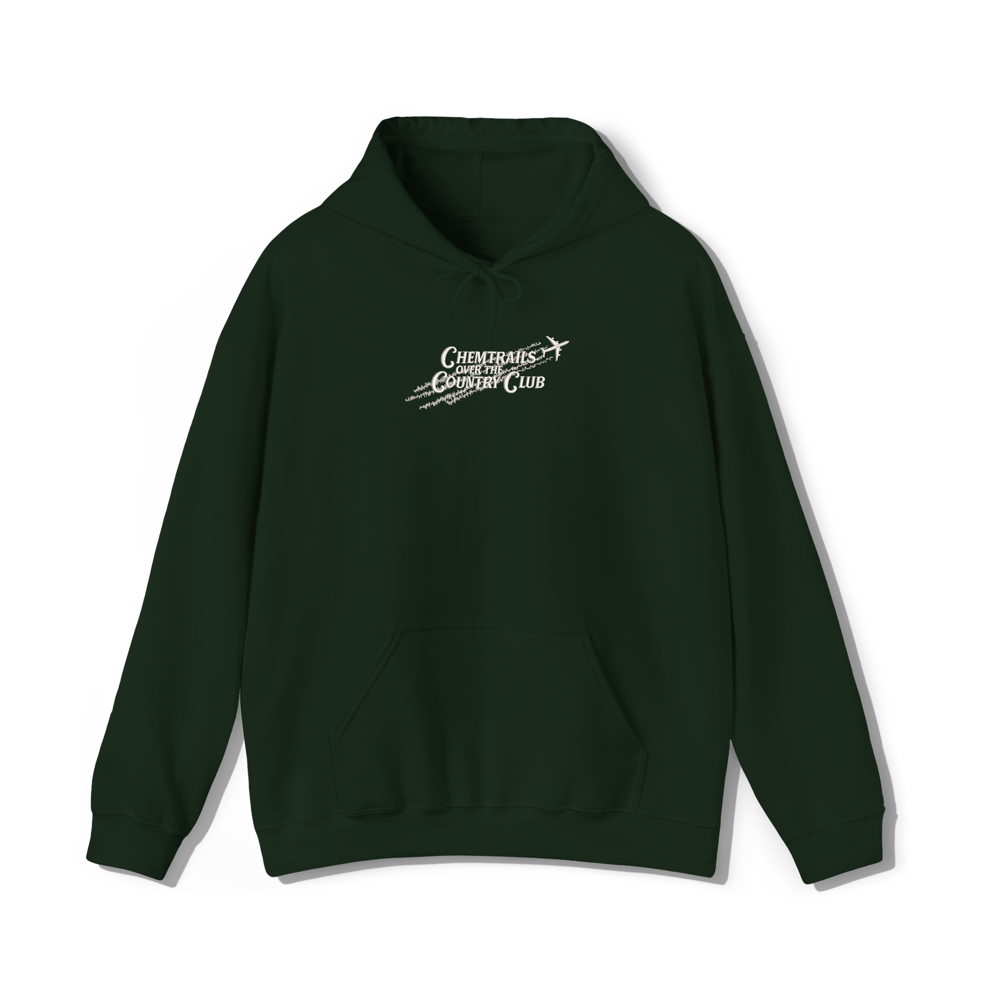 forest green coloured hooded sweatshirt that has lana del reys album,  chemtrails over the country club embroidered on the centre chest 