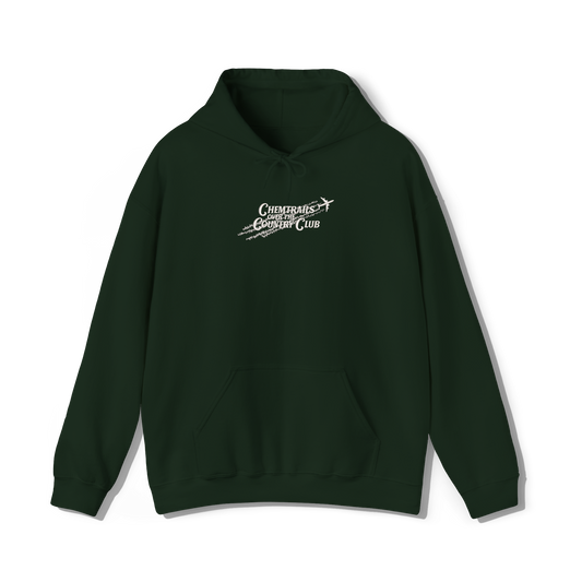 forest green coloured hooded sweatshirt that has lana del reys album,  chemtrails over the country club embroidered on the centre chest 