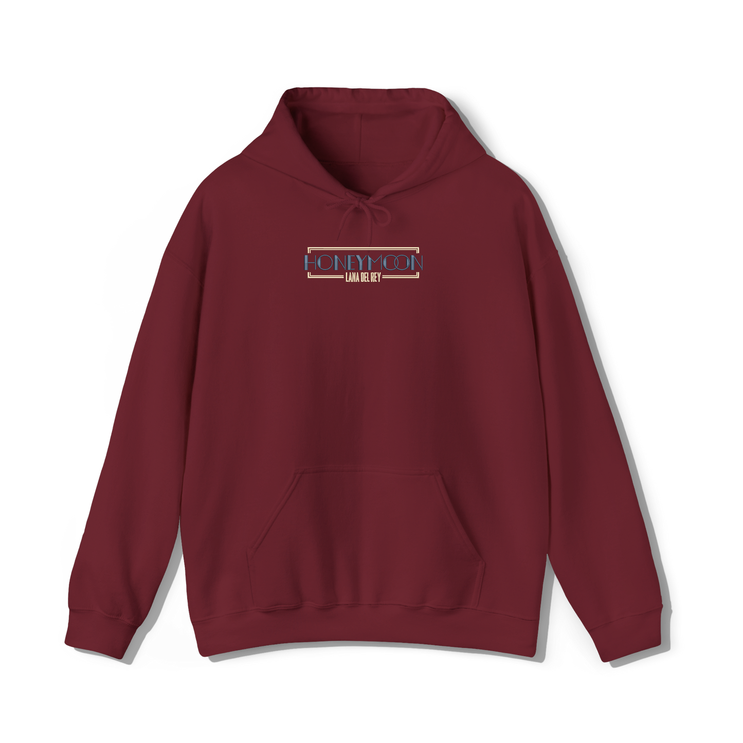 garnet red coloured hooded sweatshirt that has lana del reys album,  honeymoon embroidered on the centre chest in the same font and colour as it appears on the album  cover alongside an rectangle outline to give an old hollywood bilboard aesthetic to the design