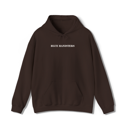 brown hooded sweatshirt that has lana del reys album, blue banisters embroidered on the centre chest 