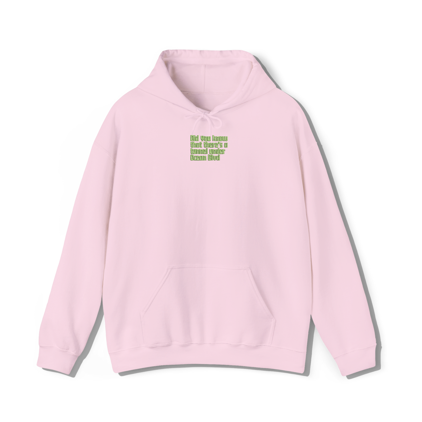 light pink coloured hooded sweatshirt that has lana del reys album,  did you know that theres a tunnel under ocean blvd embroidered on the centre chest in the same font and colour as it appears on the album  cover