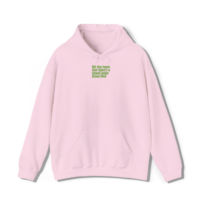 light pink coloured hooded sweatshirt that has lana del reys album,  did you know that theres a tunnel under ocean blvd embroidered on the centre chest in the same font and colour as it appears on the album  cover