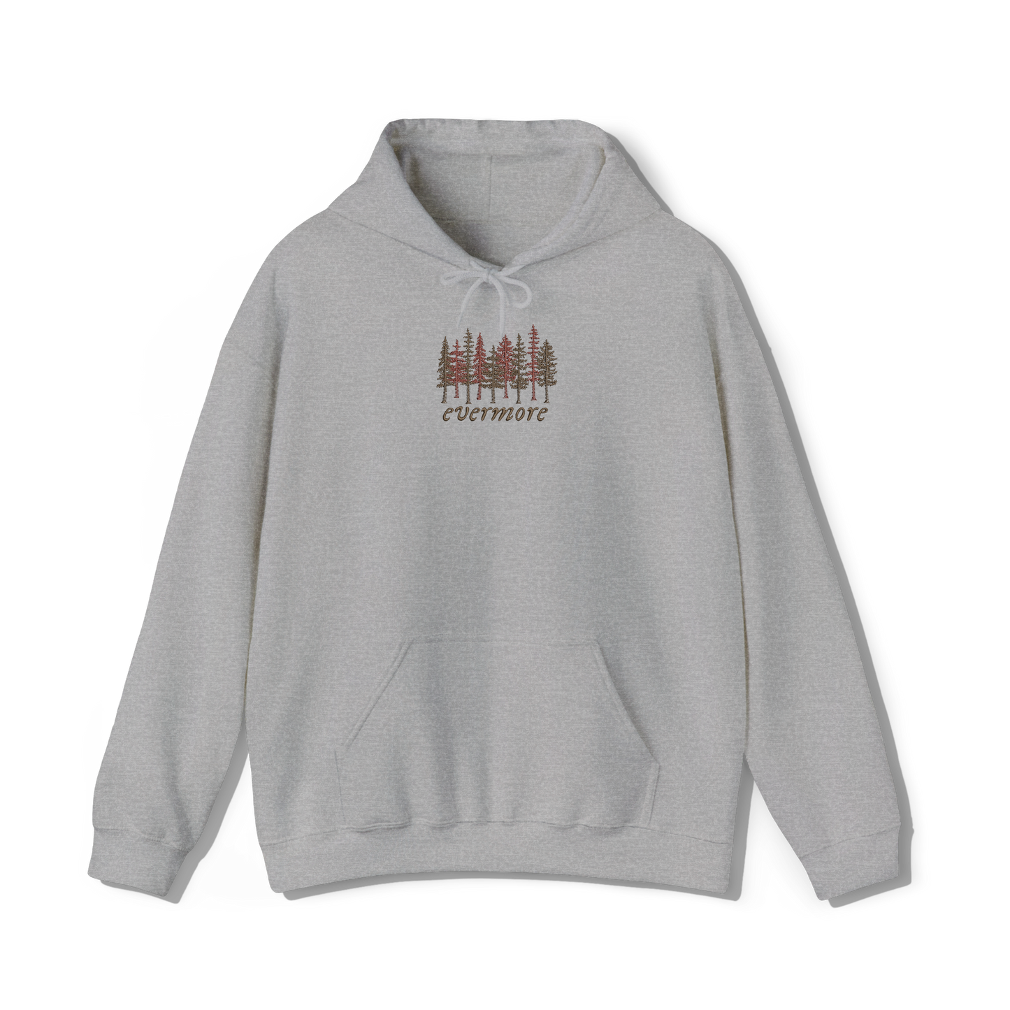 taylors swifts evermore album title embroidered onto a light grey coloured hoodie