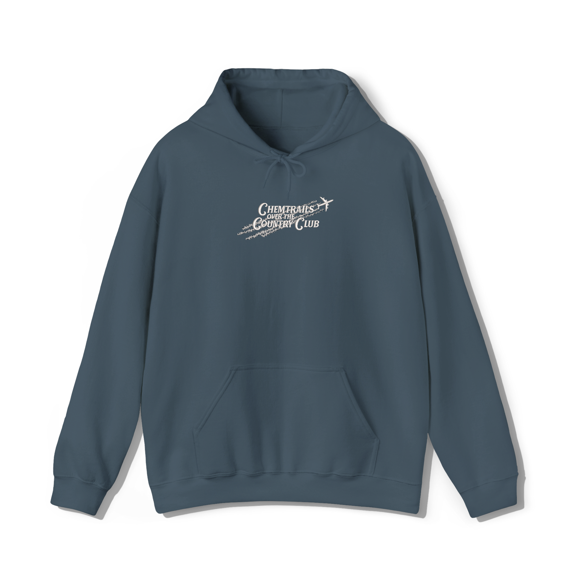 stone blue coloured hooded sweatshirt that has lana del reys album,  chemtrails over the country club embroidered on the centre chest in the same font and title as it appears on the album  over