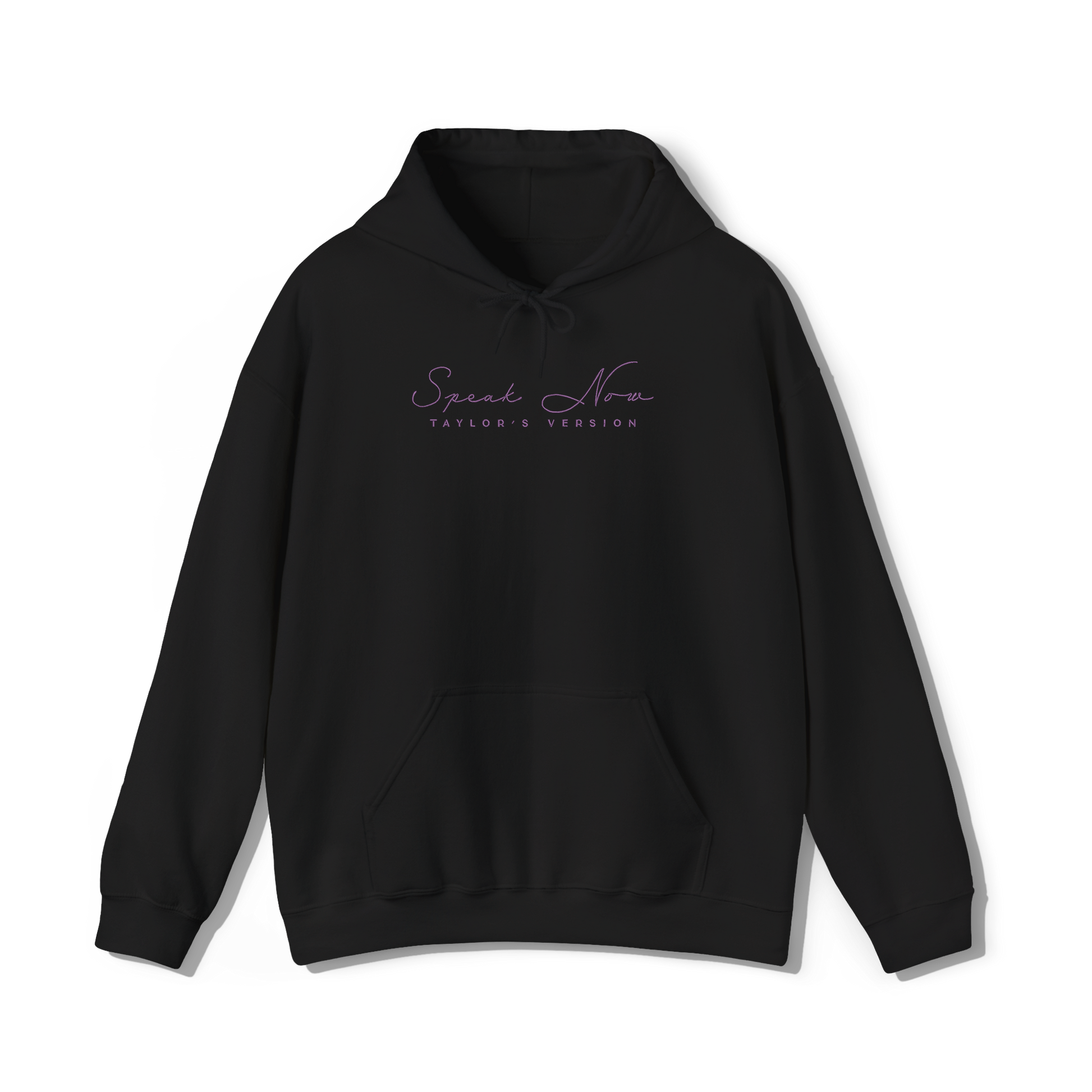 taylor swifts speak now album title embroidered in the same font and colour as appears on album cover on a black coloured hoodie