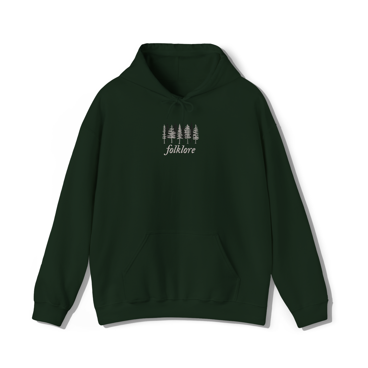 taylor swifts folklore album title embroidered alongside some trees on a forest green coloured hoodie