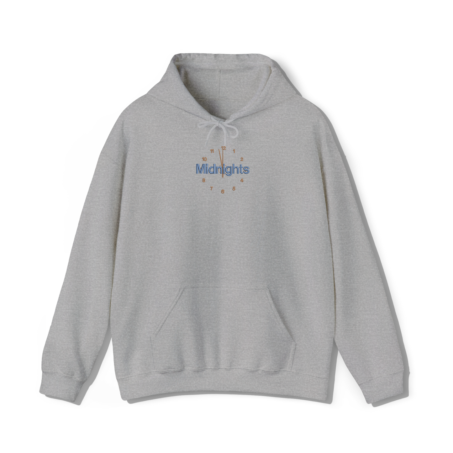 taylor swifts minights album title embroidered in the font and colour present on the album cover on a light grey coloured hoodie