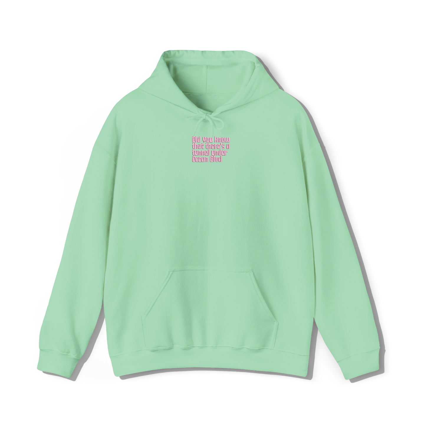 mint green coloured hooded sweatshirt that has lana del reys album,  did you know that theres a tunnel under ocean blvd embroidered on the centre chest in the same font and colour as it appears on the album  cover