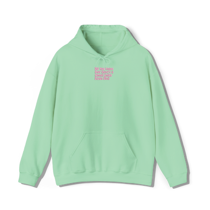 mint green coloured hooded sweatshirt that has lana del reys album,  did you know that theres a tunnel under ocean blvd embroidered on the centre chest in the same font and colour as it appears on the album  cover