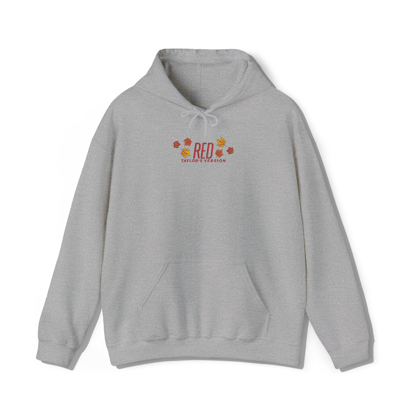 taylor swifts red album title embroidered in the same colour and font appeared on the album cover alongside some autumn leaves on a light grey coloured hoodie