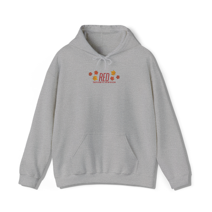 taylor swifts red album title embroidered in the same colour and font appeared on the album cover alongside some autumn leaves on a light grey coloured hoodie