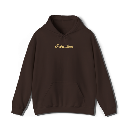 dark chocolate coloured hooded sweatshirt that has lana del reys album,  paradise embroidered on the centre chest in the same font and colour as it appears on the album  cover