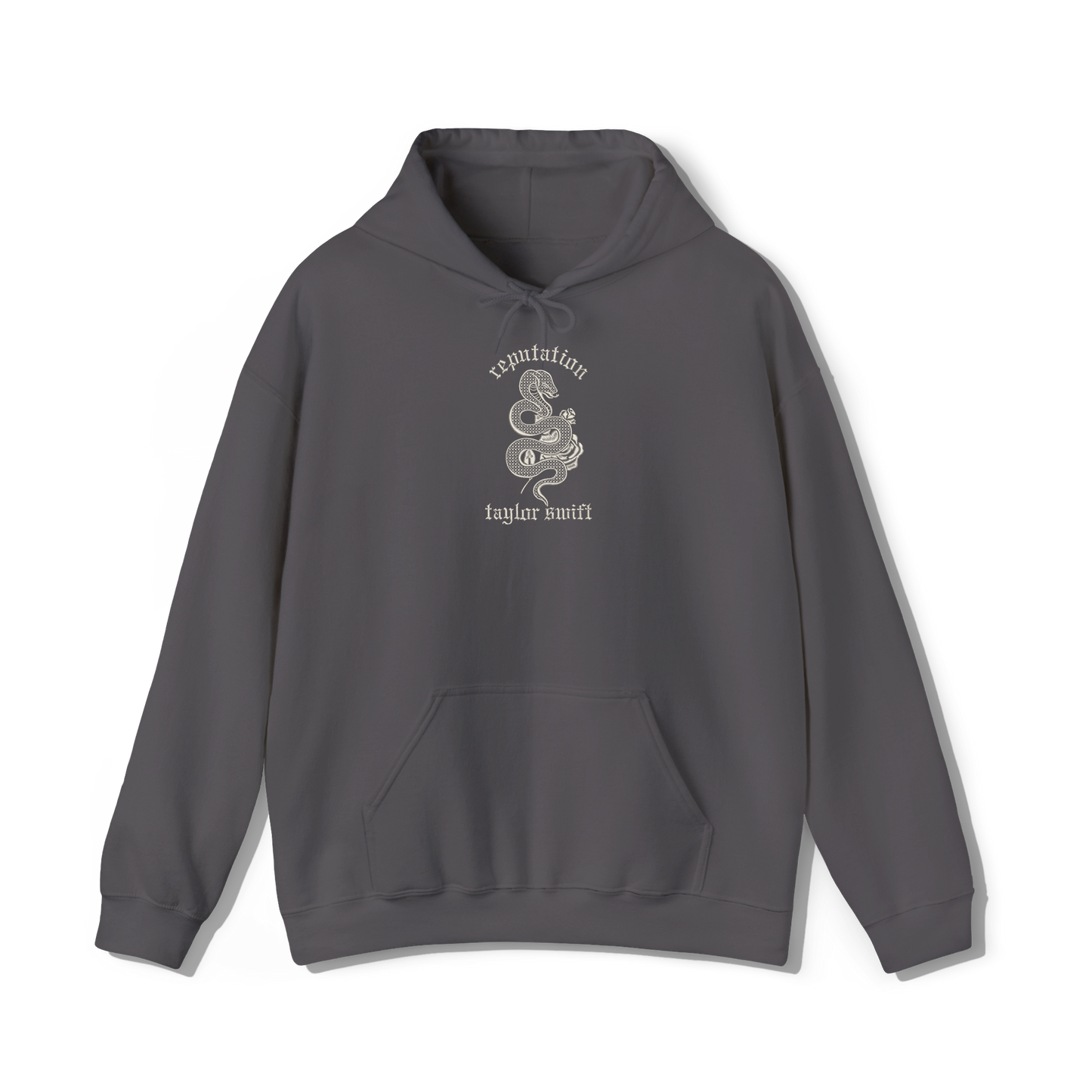 taylor swift reputation album embroidered in a collegiate style on a dark grey coloured hoodie