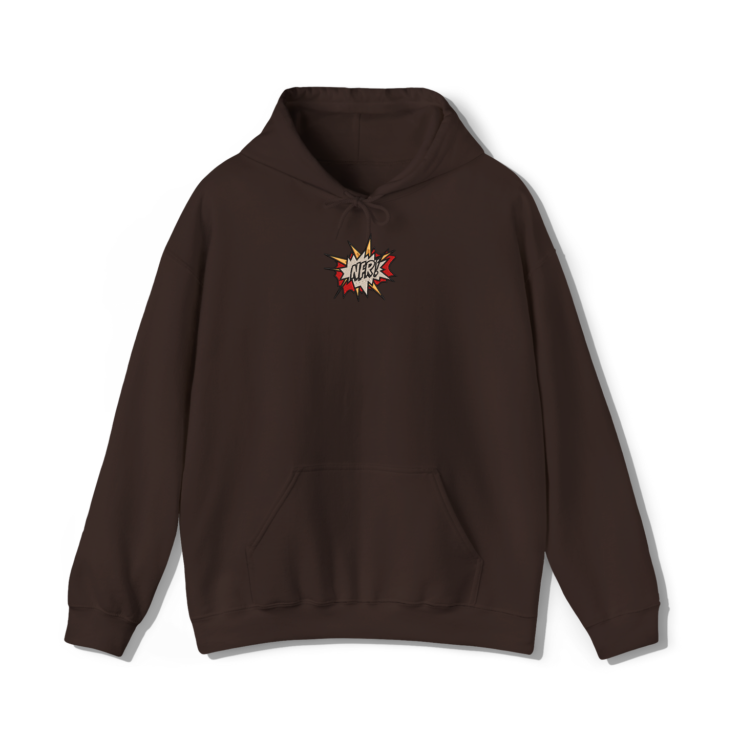 dark chocolate coloured hooded sweatshirt that has lana del reys album,  norman fucking rockwell embroidered on the centre chest in the same font and colour as it appears on the album  cover