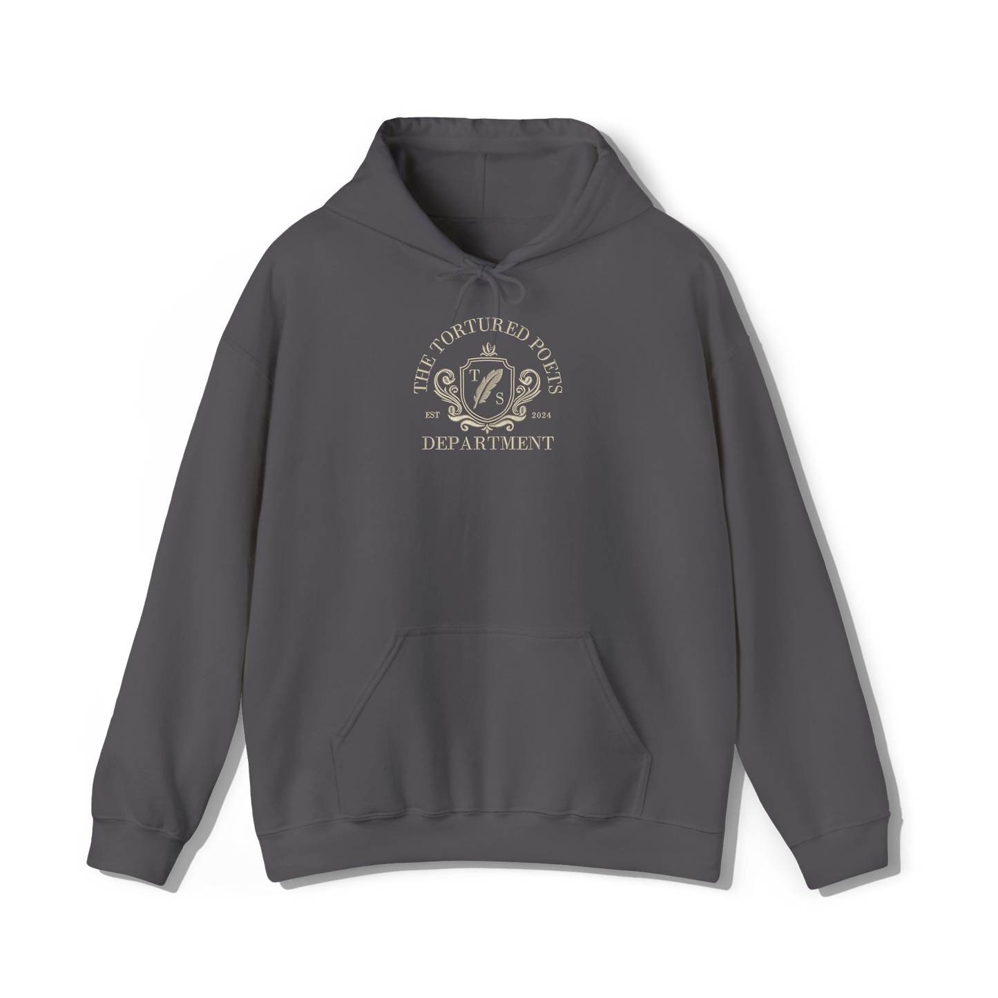 taylor swifts the tortured poets department album embroidered in a collegiate style on a dark dark grey coloured hoodie 