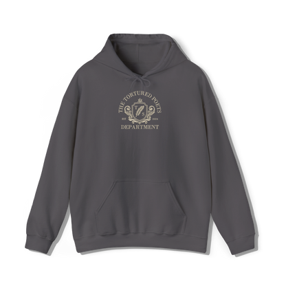 taylor swifts the tortured poets department album embroidered in a collegiate style on a dark dark grey coloured hoodie 