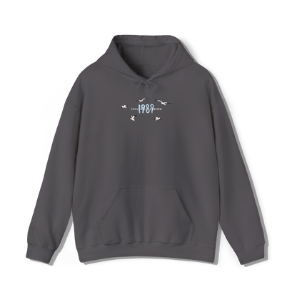 Taylor swifts 1989 Album title embroidered onto a dark grey coloured hoodie