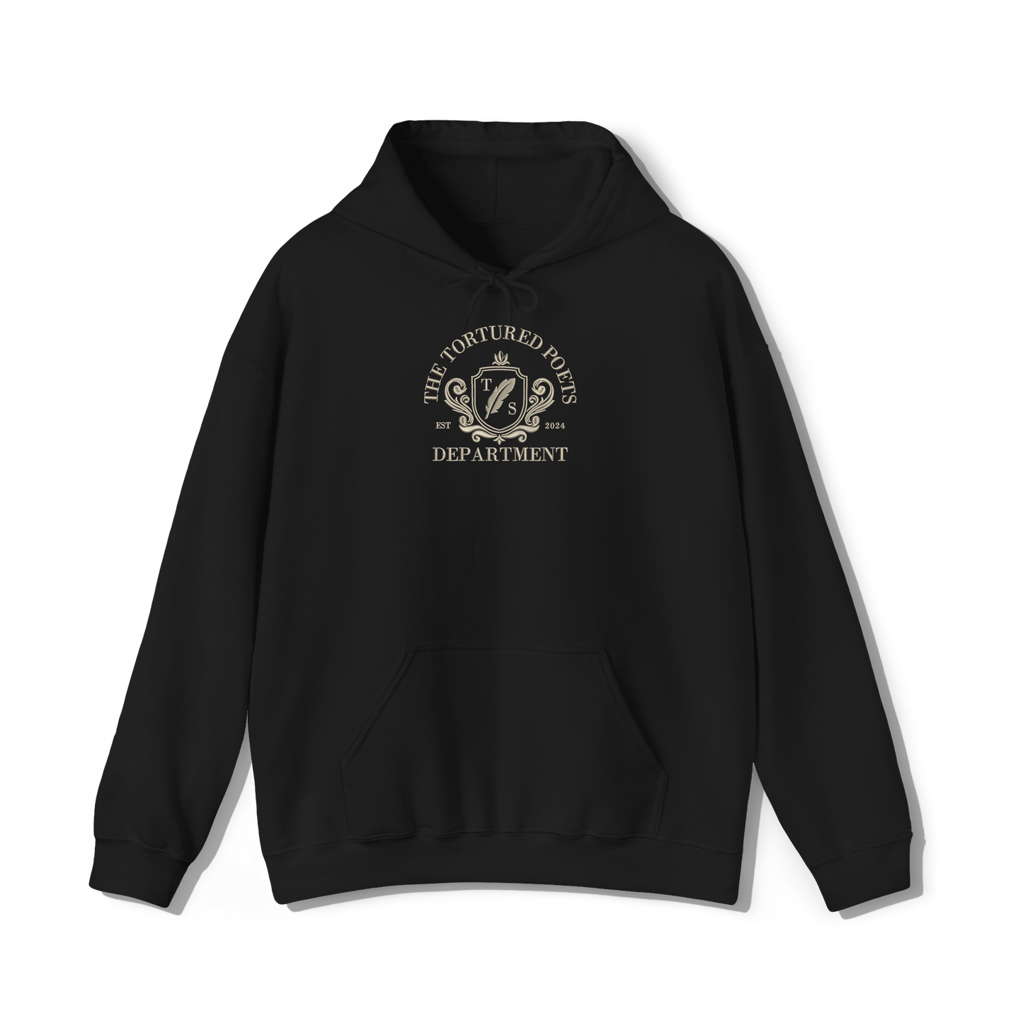 taylor swifts the tortured poets department album embroidered in a collegiate style on a dark black coloured hoodie 